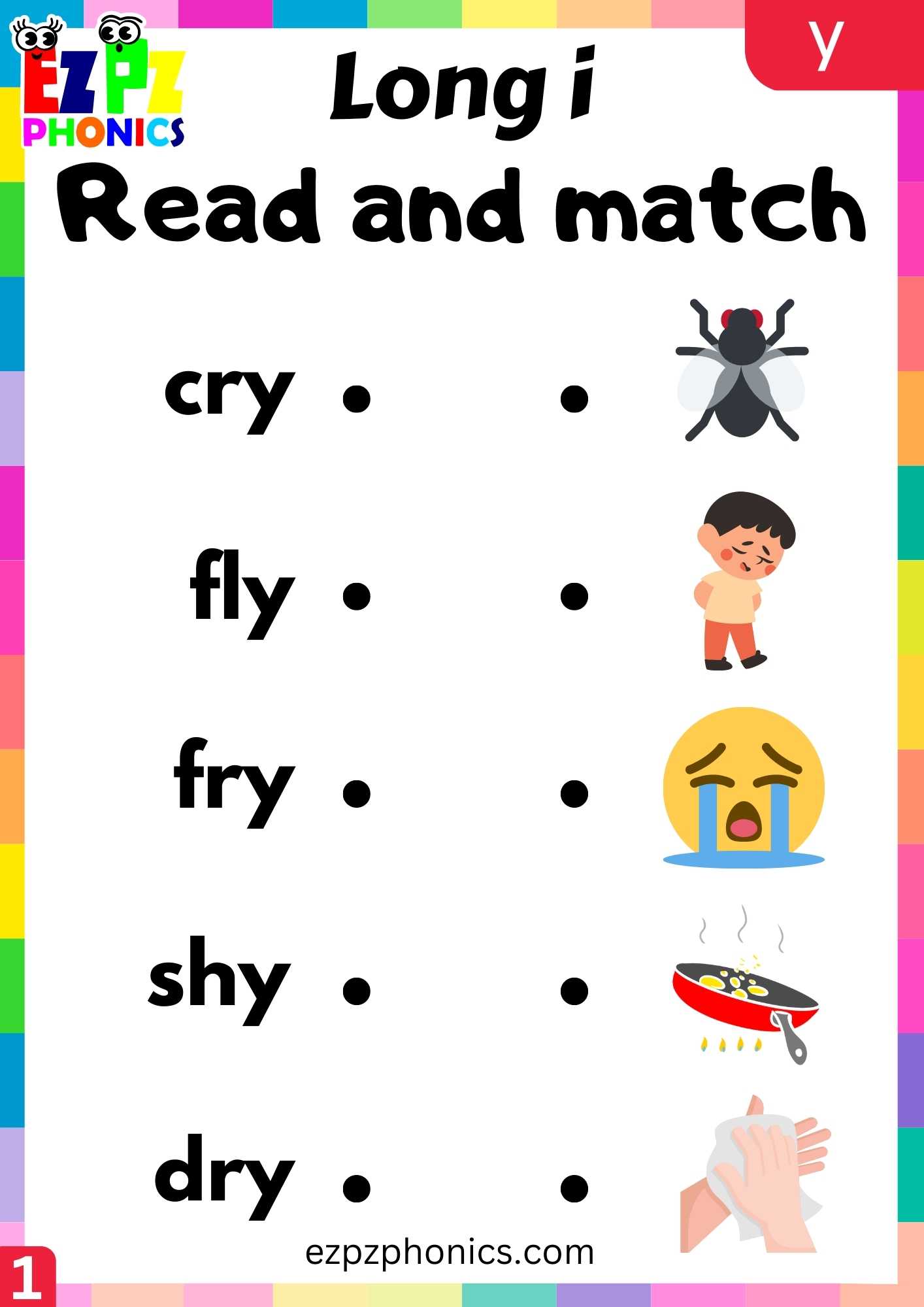 Y Words Read And Match Long I Phonics Worksheet